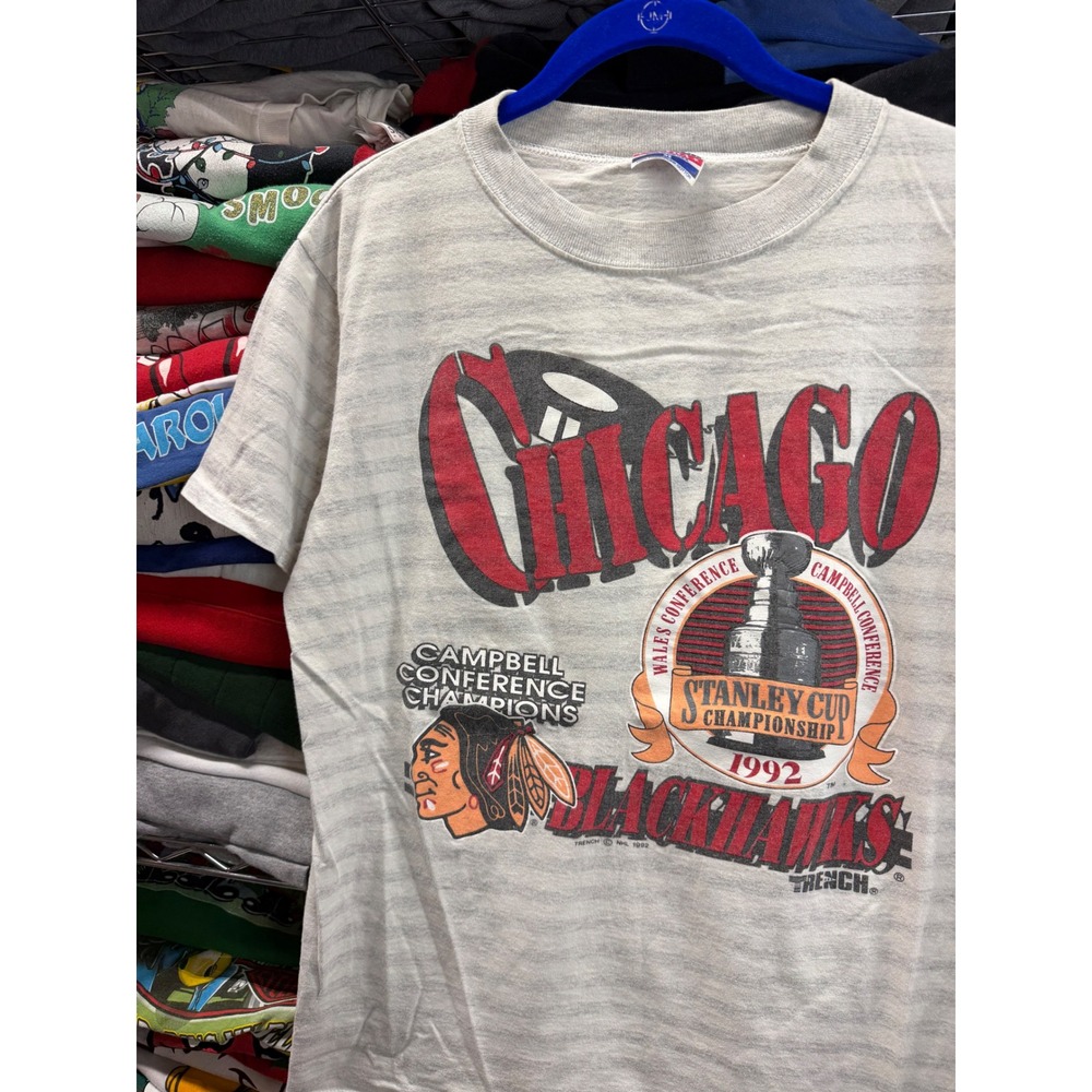 Vintage 1992 Chicago Blackhawks Stanley Cup Trench Ultra Shirt Mens Medium Grey